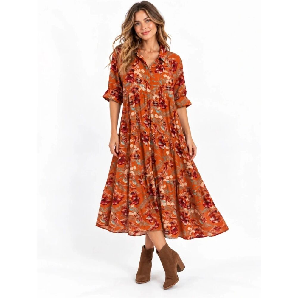 Natural Life Floral Tiered Midi Dress Women's Medium Rayon Orange Boho Long